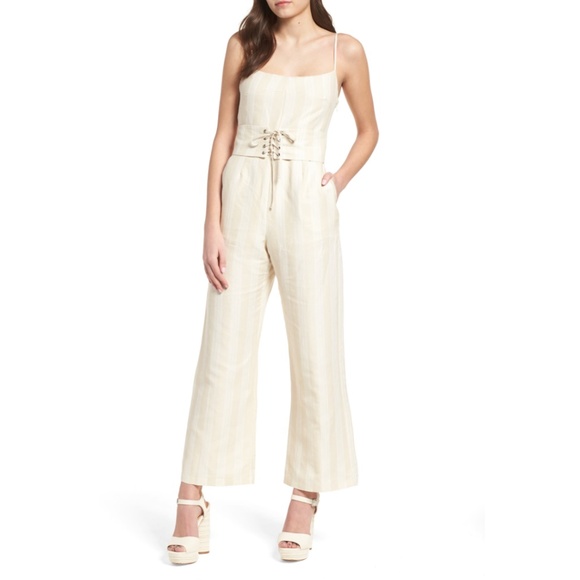 Make Offer ASTR Linen Striped Sleeveless Jumpsuit - Picture 1 of 13